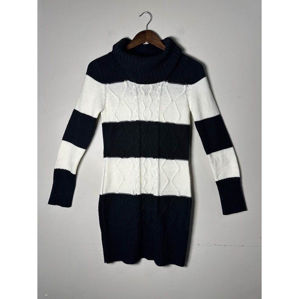 Striped Cable Knit Cowl Neck Sweater Dress Black White Petite Medium Academia